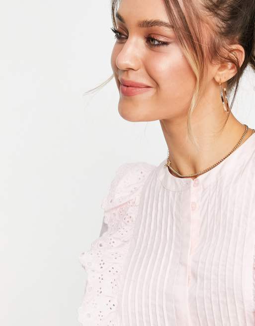 & Other Stories cotton frill embroidered mini dress in pastel pink - PINK, 3 of 4