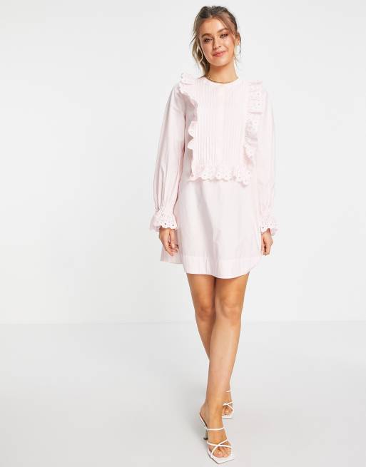 & Other Stories cotton frill embroidered mini dress in pastel pink - PINK, 4 of 4