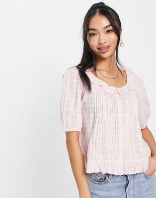 & Other Stories cotton frill neck blouse in peach - PINK