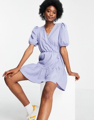 & Other Stories cotton jersey wrap tiered mini dress in dusty blue - MBLUE - ASOS Price Checker