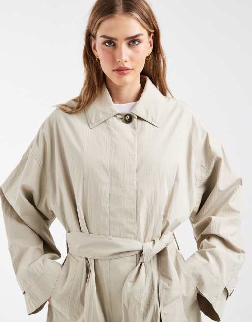 & Other Stories cotton maxi car coat with belt in beige, 3 of 4