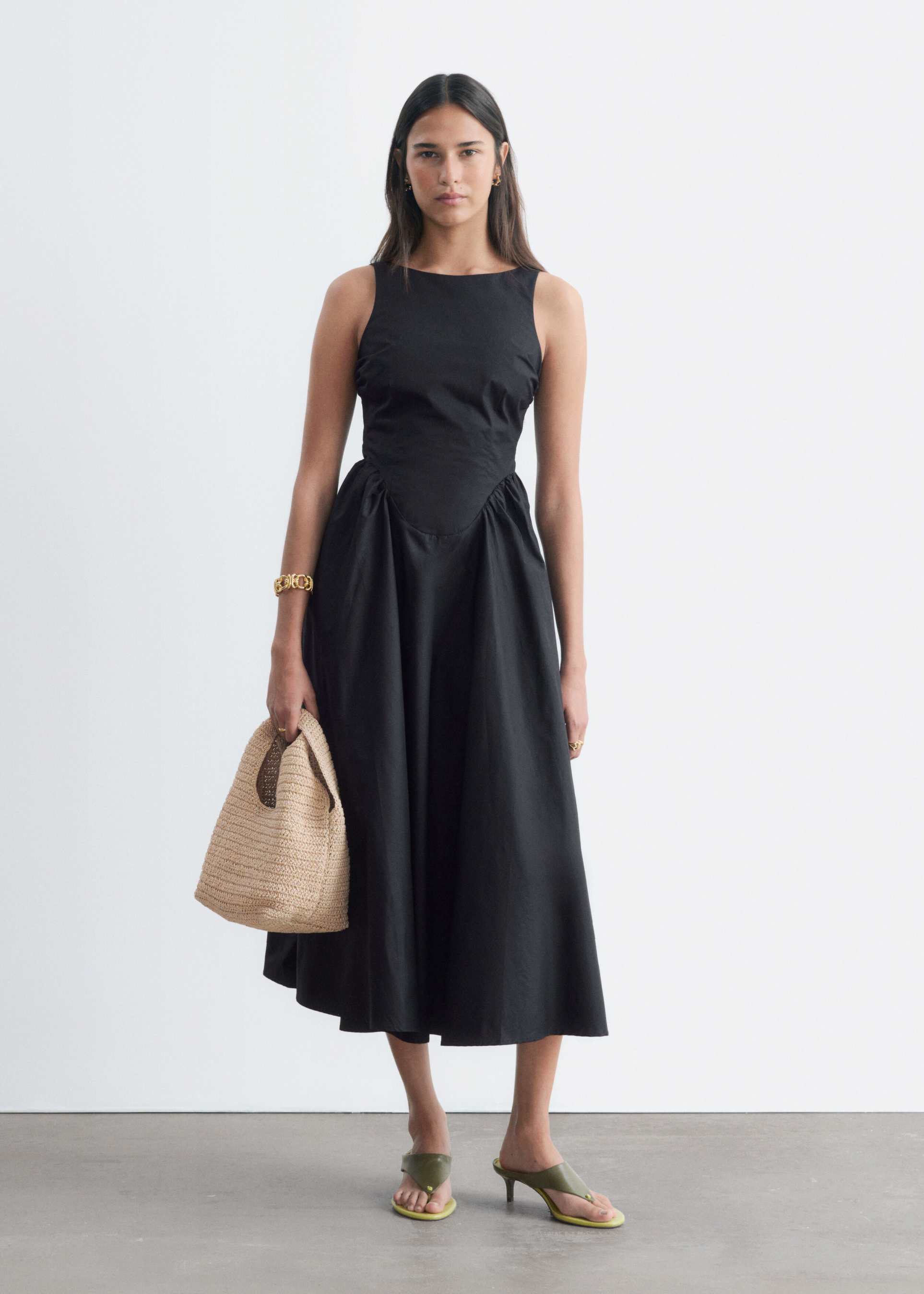 & other stories cotton maxi dress with drop waist and open back in black
