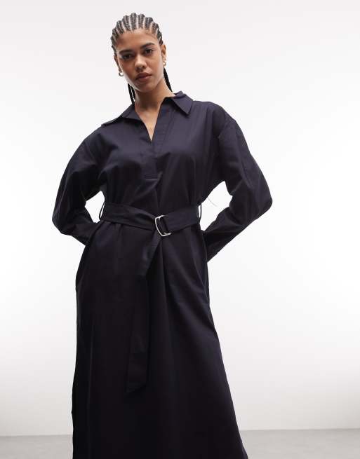 & Other Stories cotton midi shirt dress with belt in dark blue , 3 of 4