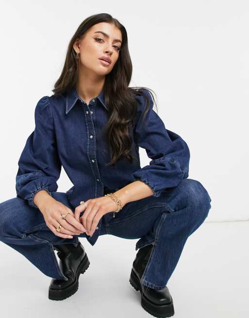 Puff shoulder denim shirt new arrivals