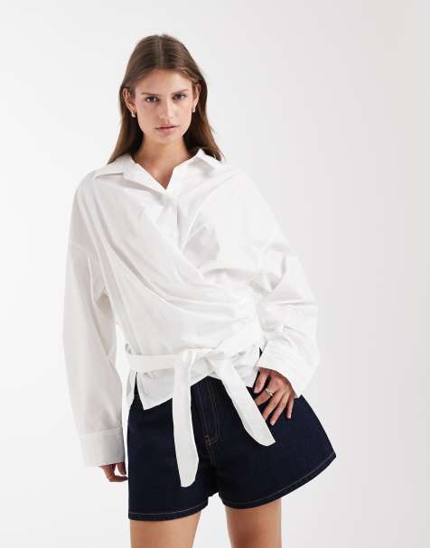 & Other Stories cotton rich front tie ruched wrap shirt in white - view 1