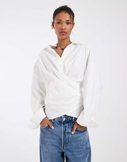 & Other Stories cotton rich front tie ruched wrap shirt in white, 2 of 4