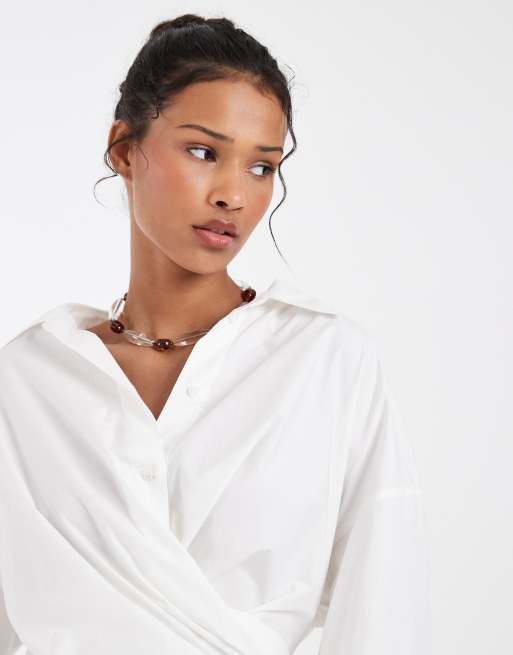 & Other Stories cotton rich front tie ruched wrap shirt in white, 3 of 4