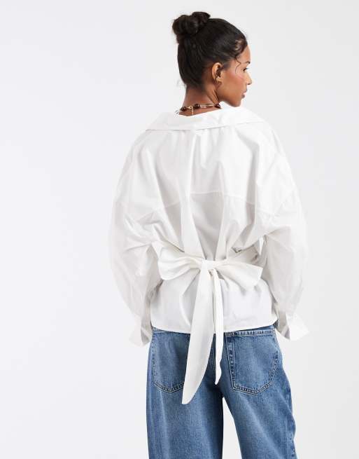 & Other Stories cotton rich front tie ruched wrap shirt in white, 4 of 4