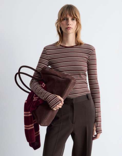 & Other Stories cotton rich long sleeve top with thumb holes in brown stripe - view 1