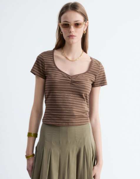 & Other Stories cotton rich ruched short sleeve top in brown - view 1