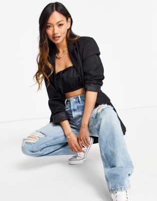 & Other Stories cotton ruched crop top in black - BLACK