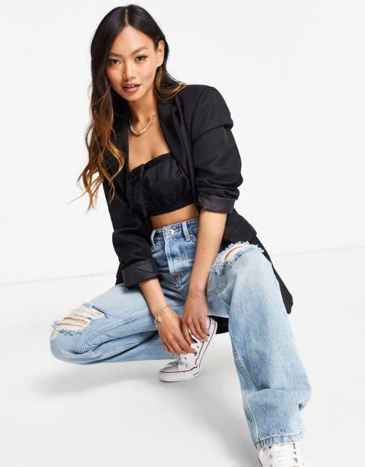 & Other Stories cotton ruched crop top in black, 3 of 4