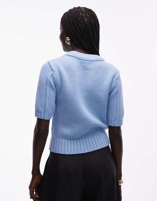 & Other Stories cotton wool blend short sleeve knitted jumper in light blue, 3 of 4