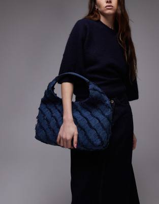 & Other Stories crafted braided fringing denim tote bag in midwash blue