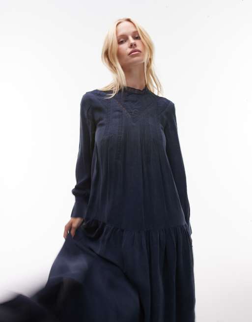 & Other Stories crepe volume maxi dress with lace detail and tiered ruffles in blue