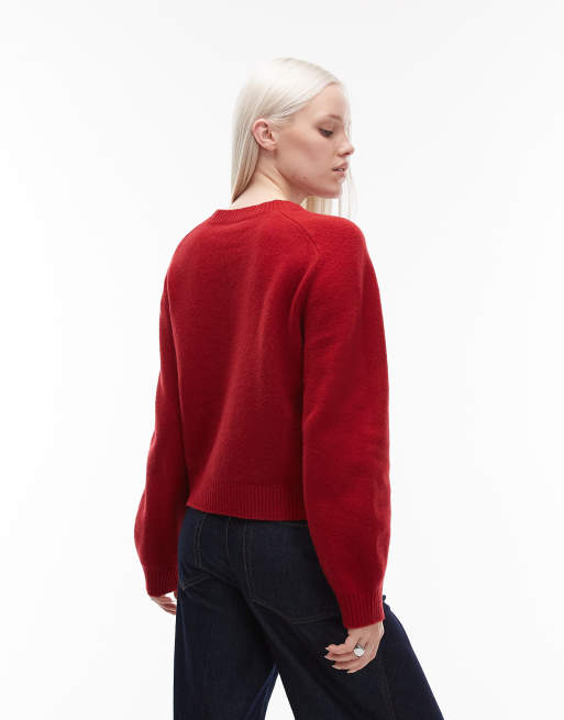 & Other Stories  crew neck jumper with volume sleeves in red, 3 of 4