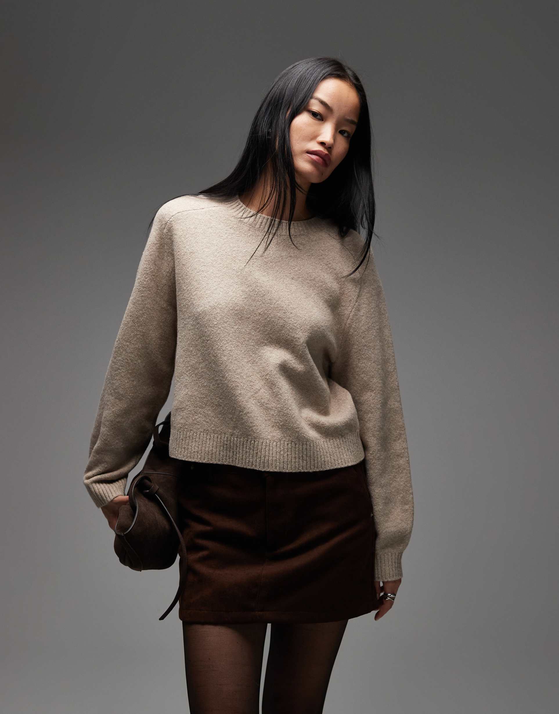 & other stories crew neck sweater with volume sleeves in beige