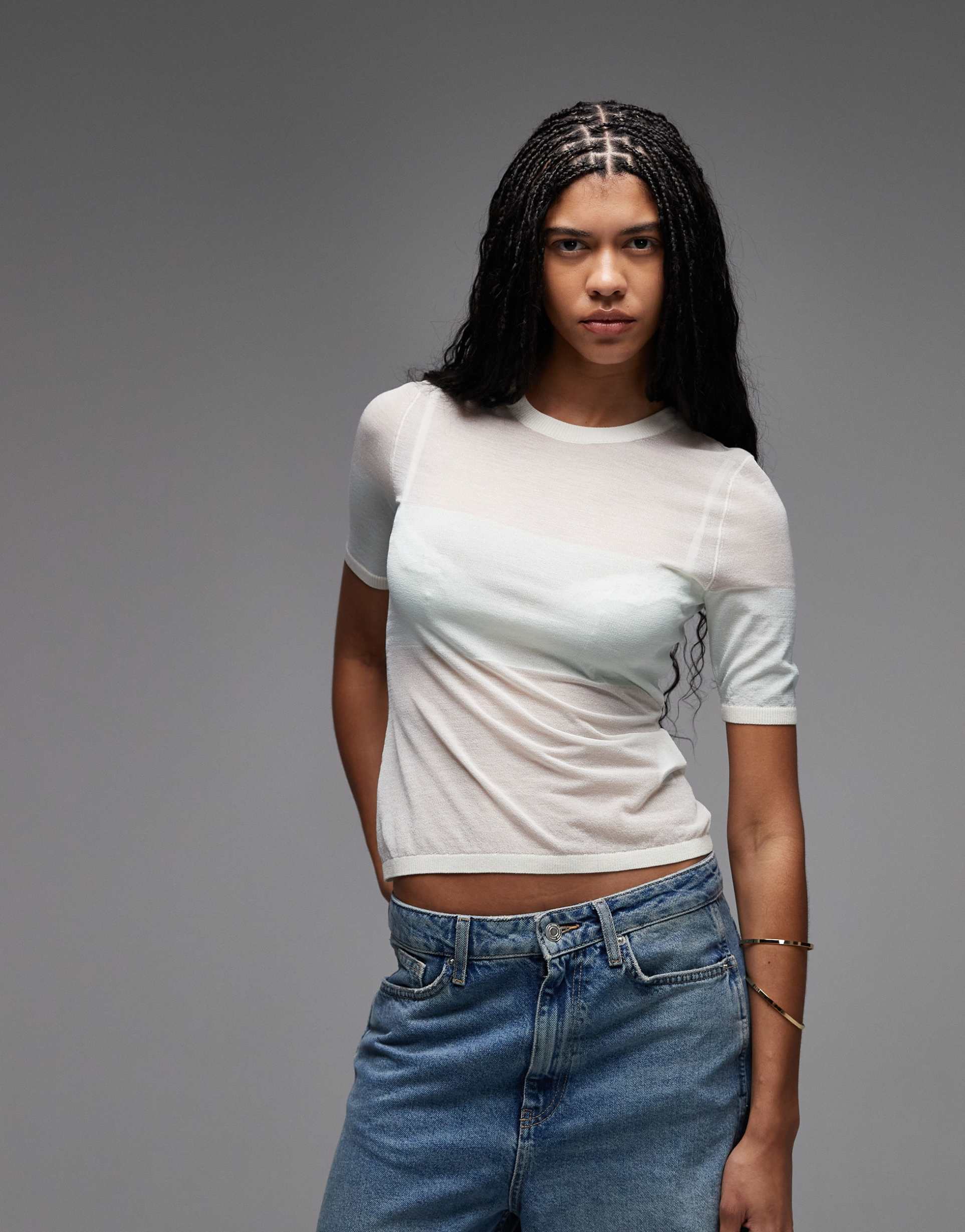 & other stories crew neck thin knit t-shirt in white and blue stripes