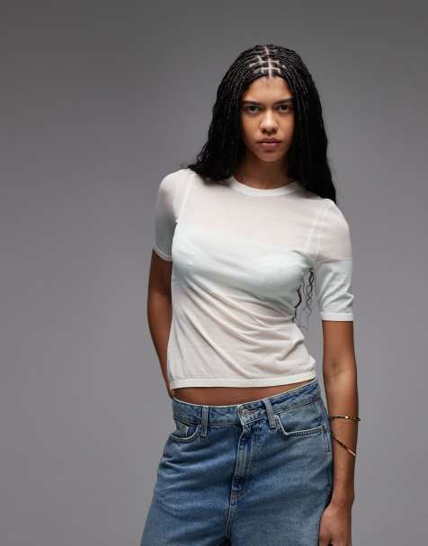 & Other Stories crew neck thin knitted t-shirt in white and blue stripes