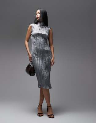 & Other Stories Crinkle Midi Dress With Side Slit In Gray