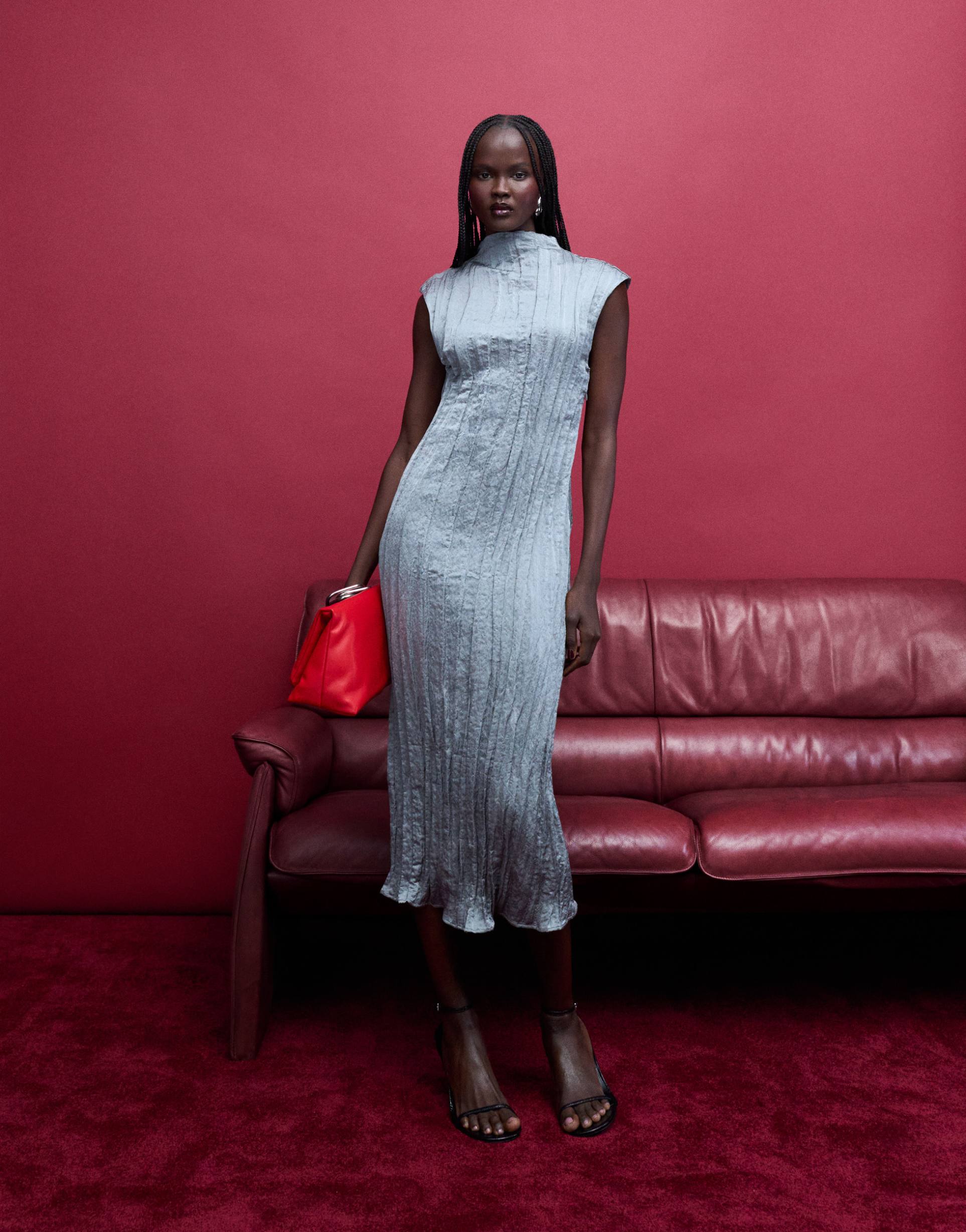 & other stories crinkle midi dress with side slit in gray