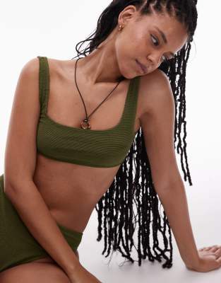 
Other Stories crinkle scoop front bikini top with low back in khaki green