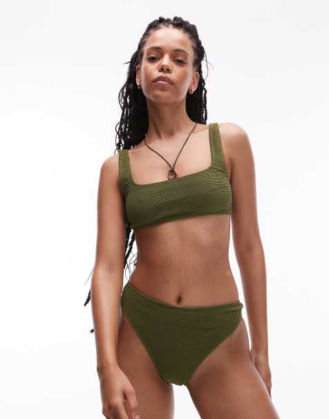 & Other Stories crinkle scoop front bikini top with low back in khaki green - view 1