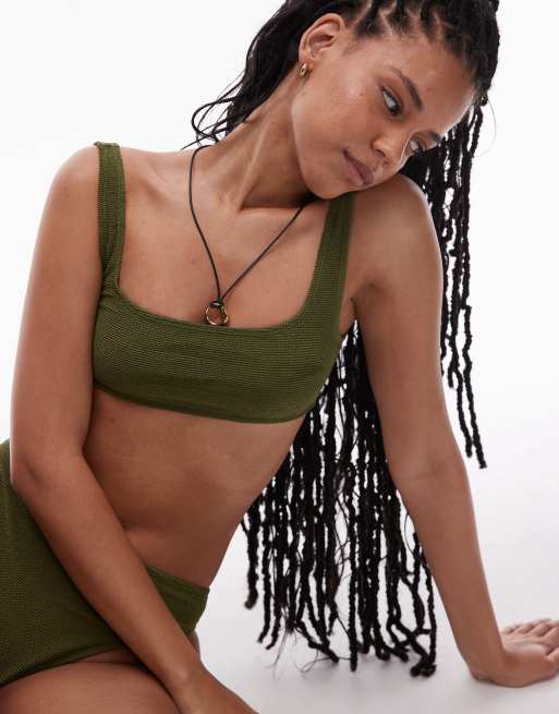 & Other Stories crinkle scoop front bikini top with low back in khaki green, 4 of 4