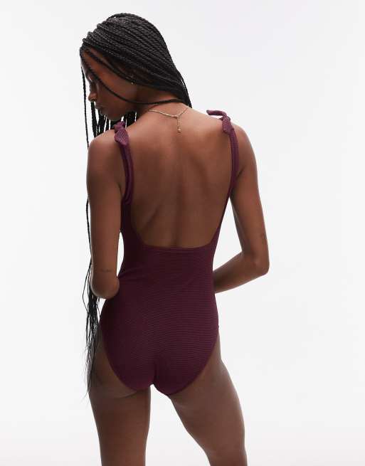 & Other Stories crinkle swimsuit with knot detail in burgundy