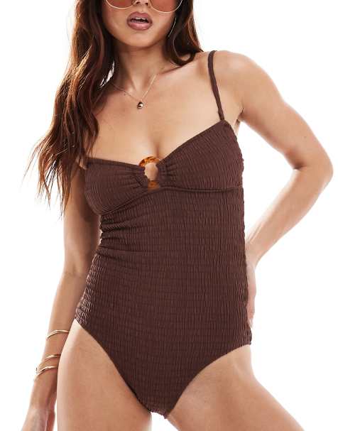 & Other Stories crinkle swimsuit with ring detail in brown - view 1