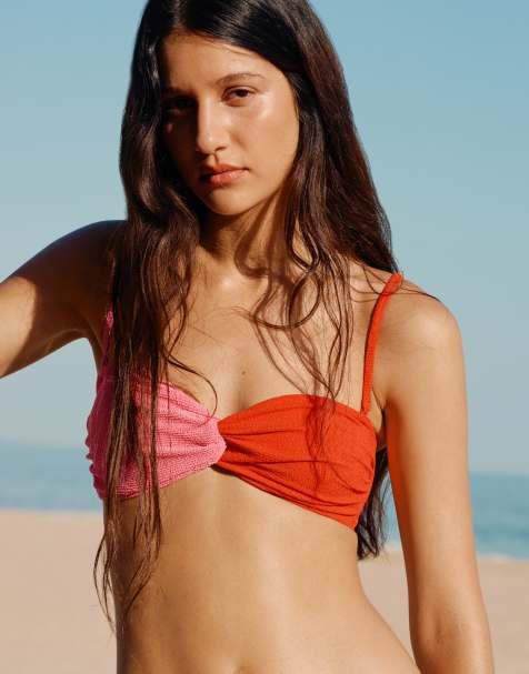& Other Stories crinkle twist knot bikini top with removable padding in colour block pink and orange - view 1