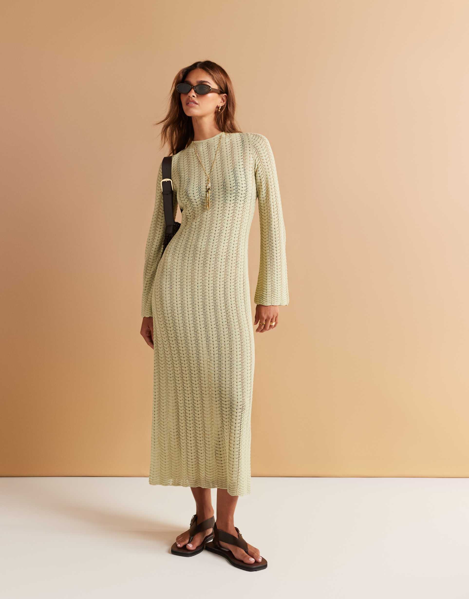 & other stories crochet knit maxi dress with open tie back in light green