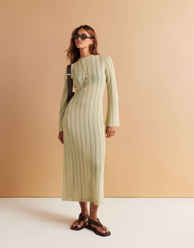 crochet knit top maxi dress green & Other Stories with open tie back in light red gold gown