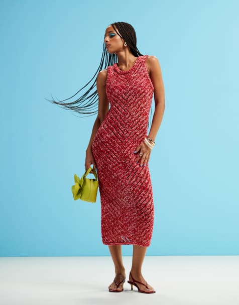 & Other Stories crochet knitted midi dress in pink and red twist - view 1