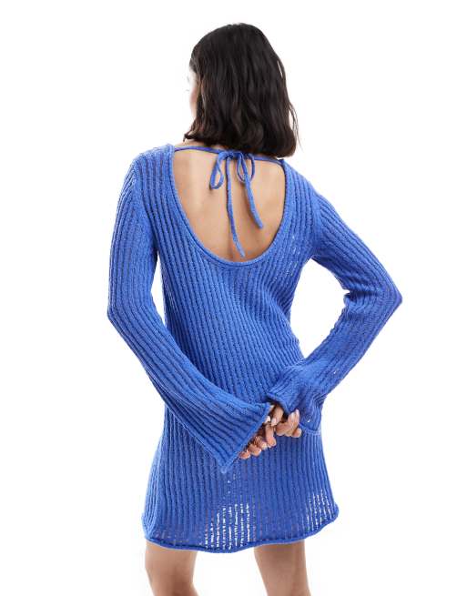 & Other Stories crochet knitted mini dress with scoop back in blue, 2 of 4