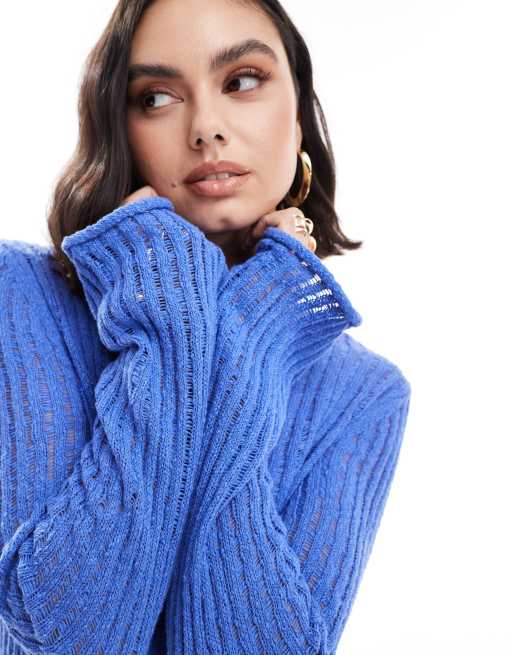 & Other Stories crochet knitted mini dress with scoop back in blue, 3 of 4