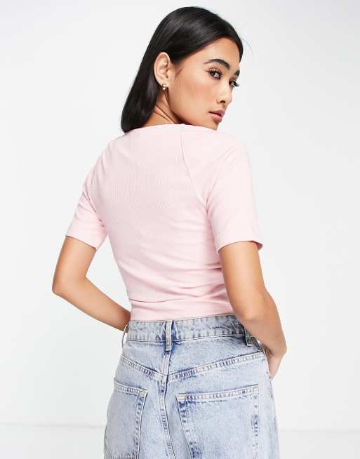& Other Stories - Crop top van jersey met overslag in lichtroze - PINK, 2 van 4