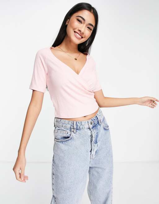 & Other Stories - Crop top van jersey met overslag in lichtroze - PINK, 3 van 4