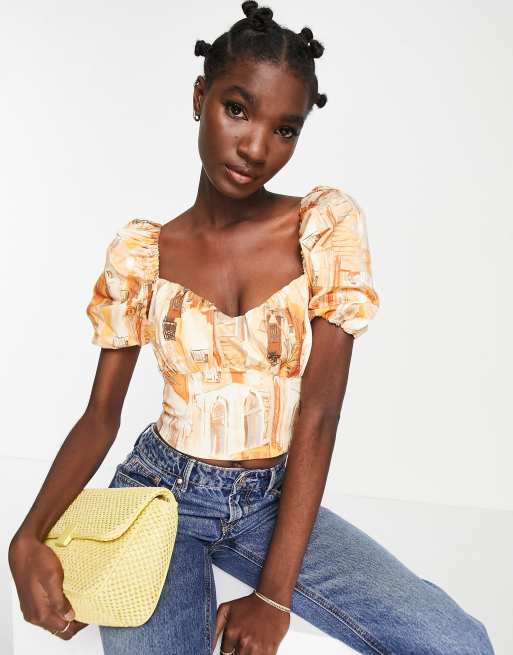 & Other Stories - Cropped bluse med pufærmer og orange print 