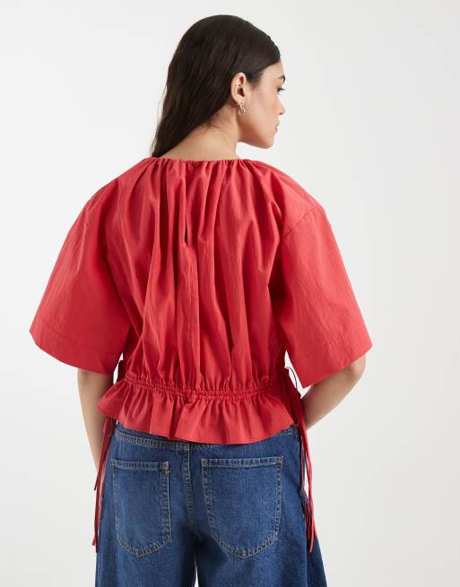 & Other Stories cropped cotton blend top with cinch waist in red, 3 of 4
