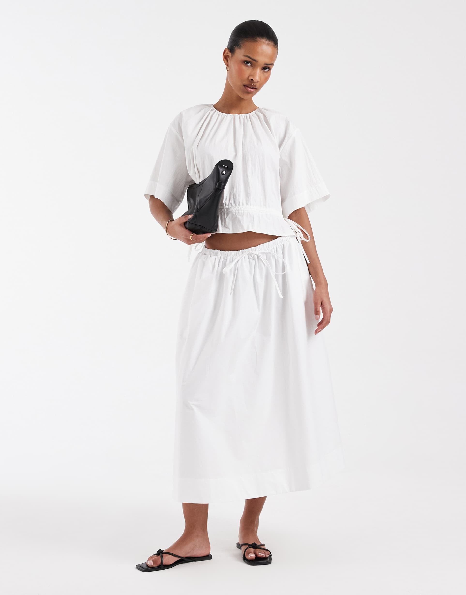 & other stories cropped cotton blend top with cinch waist in white