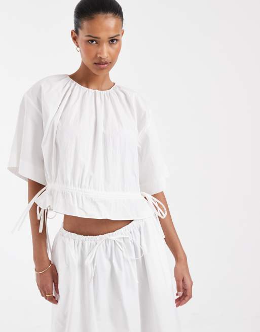 & Other Stories cropped cotton blend top with cinch waist in white, 2 of 4