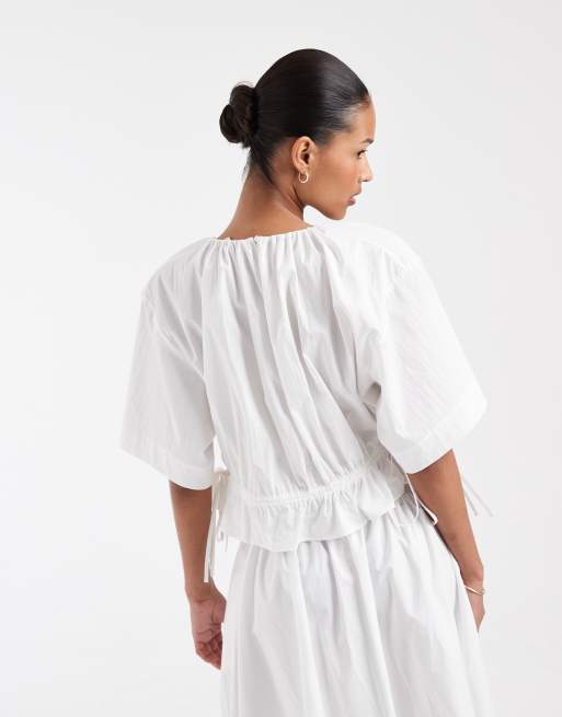 & Other Stories cropped cotton blend top with cinch waist in white, 4 of 4
