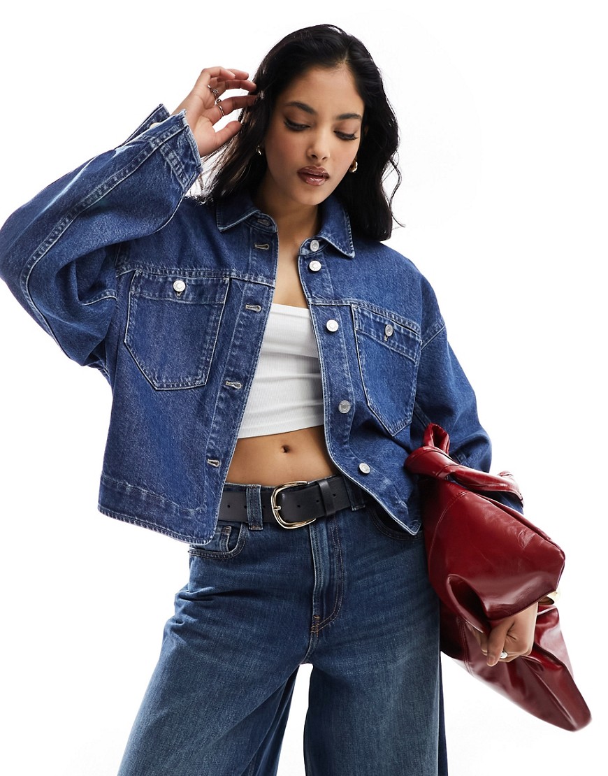 Other Stories &  Cropped Denim Jacket With Volume Sleeves In Blue Wash