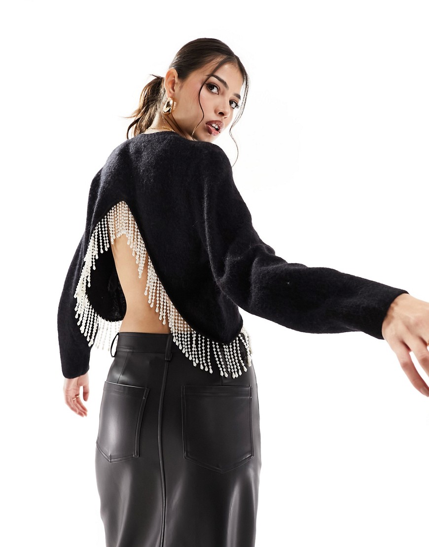 & Other Stories cropped jumper in black with faux pearl fringed hem detail