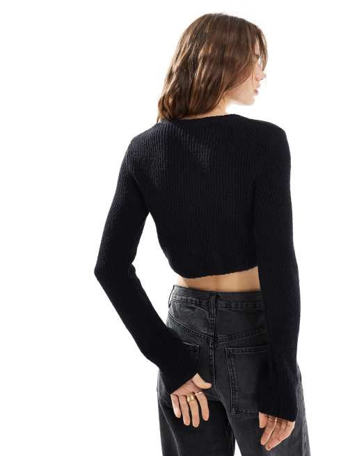 Other Stories cropped knitted ribbed cardigan with button front in black