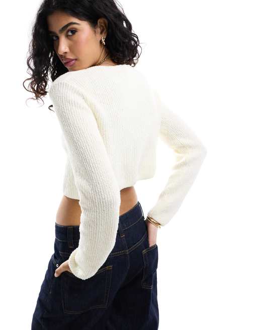 Other Stories cropped knitted ribbed cardigan with button front in soft white