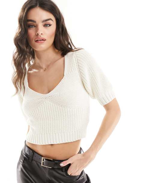 & Other Stories cropped knitted top with puff sleeves and sweetheart neck in soft white - view 1
