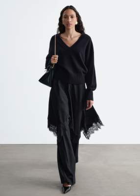 & Other Stories Cropped Long Sleeve V Neck Knit Sweater In Black