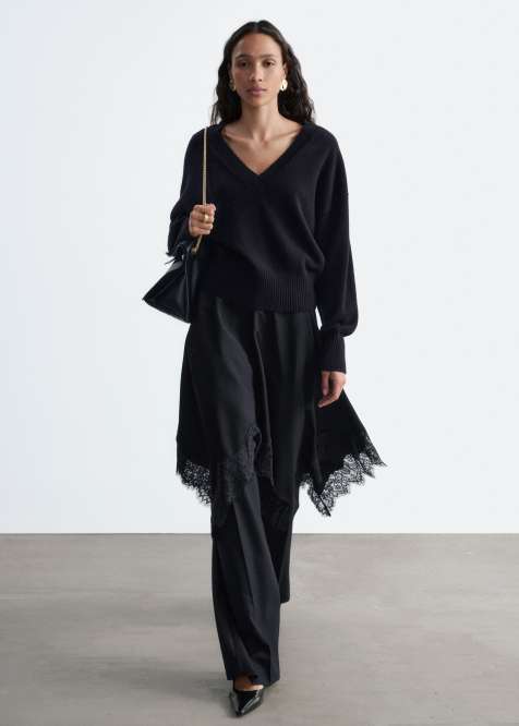 & Other Stories cropped long sleeve v neck knit sweater in black - view 1